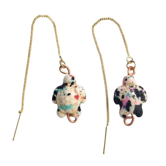 18K Gold Plated Sea Turtle Turquoise Threader Earrings Dainty - Picture 2 of 2